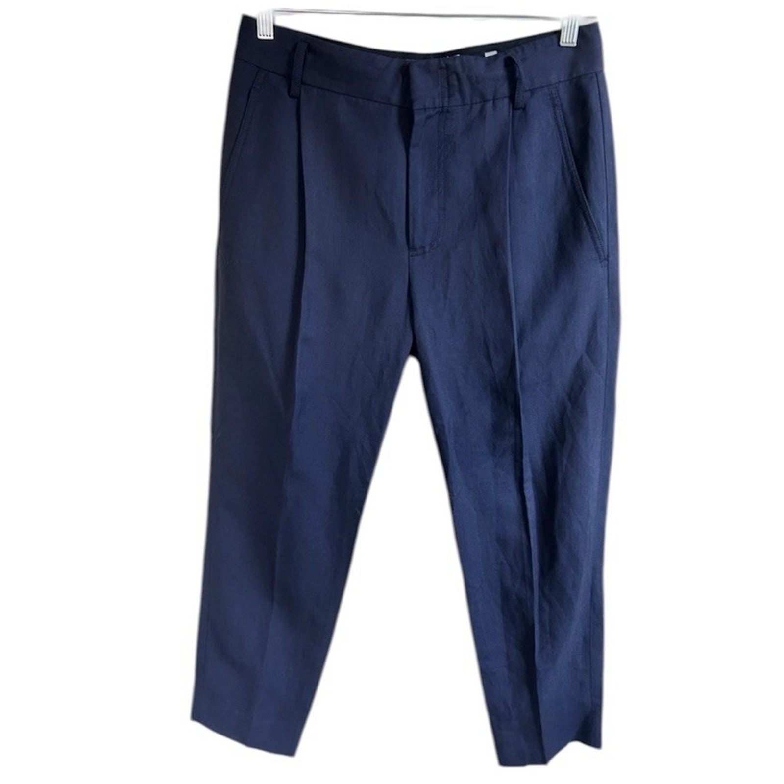 Vince Linen Blend Pants Womens 6 Navy Blue Pleated High Rise Ankle Stretch